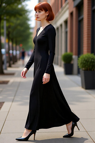 PayBuy Kadın Maxi Bodycon Kalıp V Yaka Uzun Kollu Düz Desen Yırtmaç Detaylı Şık Modern Örme Elbise