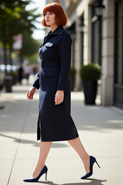 PayBuy فستان نسائي طويل الأكمام بحزام من الجبردين المنسوج باللون الأزرق الداك...