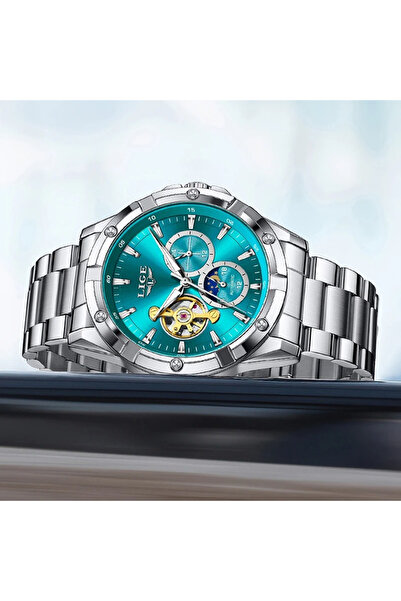 Lige Men's Watch 6825 Silver-Cyan – Mechanical Watch, Business Design, Luminous Display