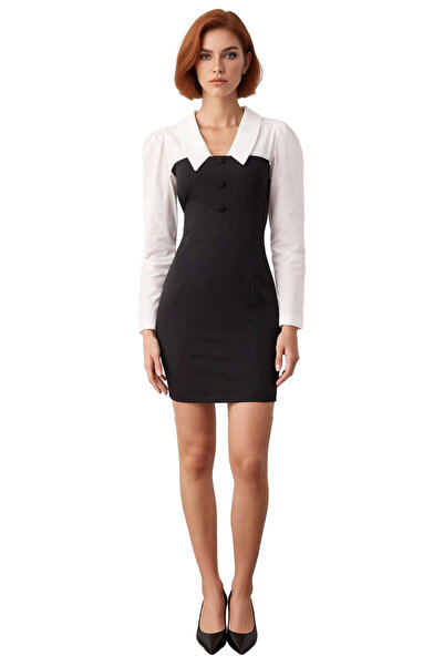 PayBuy Women's Body-Hugging Shirt Collar Color Block Mini Woven Dress Long Balloon Sleeves Stylish Design