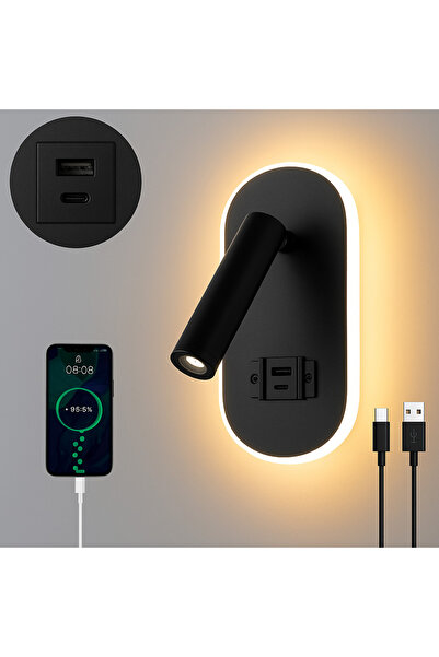 SeckinStore Dekoratif Yatak Başı Okuma Lambası 15 Watt Gün Işığı Çift Kademeli Usb ve Type-C Giriş Siyah