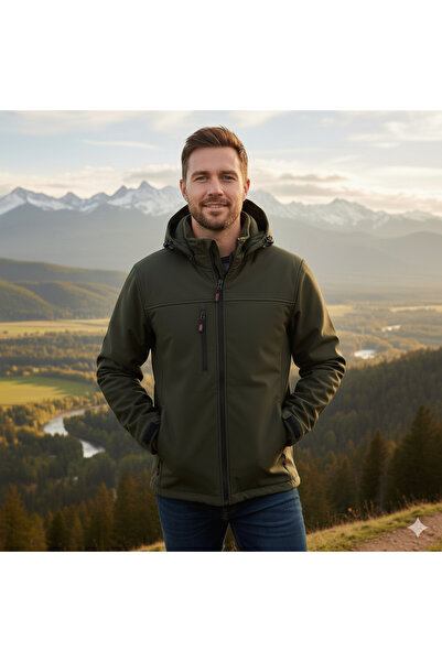vieso Erkek Softshell Mont Su ve Rüzgar Geçirmez İçi Polarlı Kapşonlu Mont