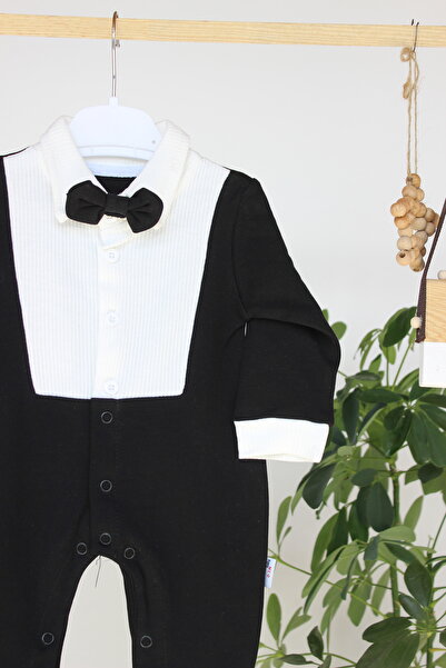 genybaby Baby Boy Black Tuxedo Romper - Special Occasion Outfit with Bow Tie (0-12 Months)