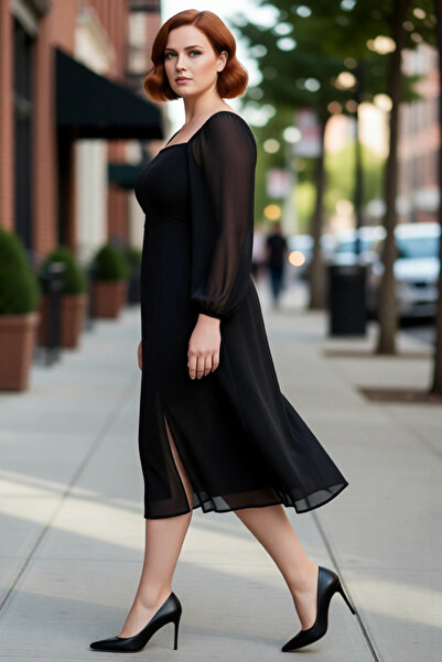 PayBuy Kadın Büyük Beden Kare Yaka Balon Kollu A Kesim Yırtmaç Detaylı Midi Ş...