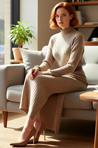 PayBuy Kadın Şık Düz Shift Kalıp Düşük Kol Dik Yaka Kemerli Maxi Yırtmaç Detaylı Kışlık Triko Elbise