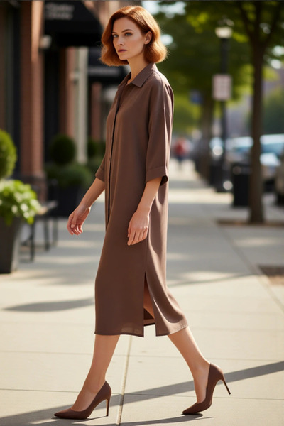 PayBuy Women's Modal Shirt Collar Solid Pattern Three Quarter Sleeve Buttoned Unlined Midi Length Dress Spring