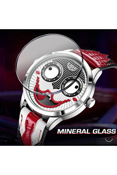 Lige 89160 Silver-Red Men's Watch – Creative Clown Design, Multiple Functions, Luminous, 3ATM