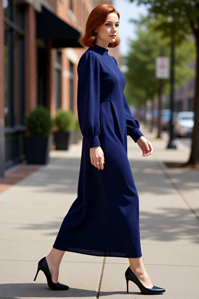 PayBuy Rochie maxi țesută pentru femei, albastru bleumarin, cu mâneci bufante...