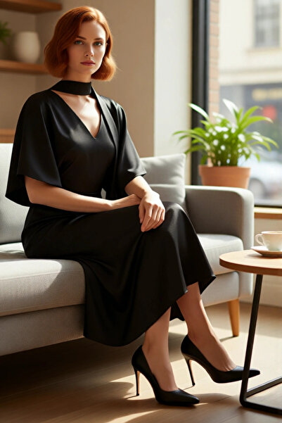 PayBuy Rochie midi skater cu detaliu eșarfă pentru femei, cu decolteu în V, mânecă liliac, din material tip stofă Postură nobilă Design elegant