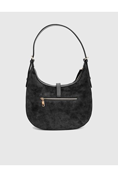 İLVİ Vlasyi Hakiki Süet Floter Deri Siyah Kadın Omuz Çantası
