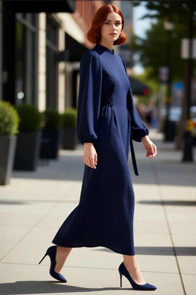 PayBuy Rochie de damă, albastru bleumarin, cu guler înalt, cu detalii britanice, lungime maxi, aerobin, țesută, simplă, elegantă, confortabilă, de bună calitate