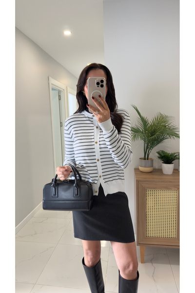 BİRCANÇİL Md Wies White Gray Striped Cardigan