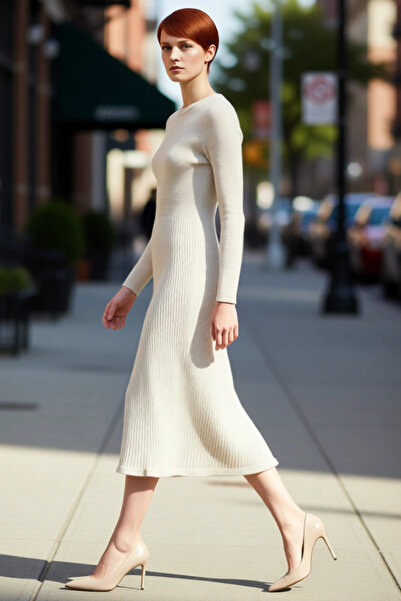 PayBuy Ακρυλικό πλεκτό φόρεμα μίντι για γυναίκες με λαιμόκοψη με μακρύ μανίκι...