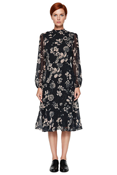 PayBuy Kadın Şal Desenli Astarlı Volanlı Şifon Midi Elbise Dik Yaka Uzun Balon Kollu A Kesim Kaliteli