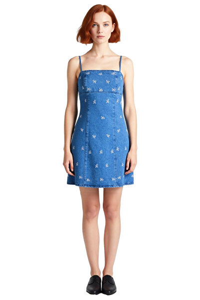 PayBuy Women's A-Line Denim Mini Dress Capture Elegance with Bow Detail Printed Square Neck Design Quality