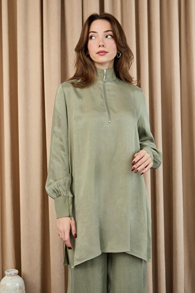 Puane Women's Zipper Detailed Suit - 14403Tkm - Khaki