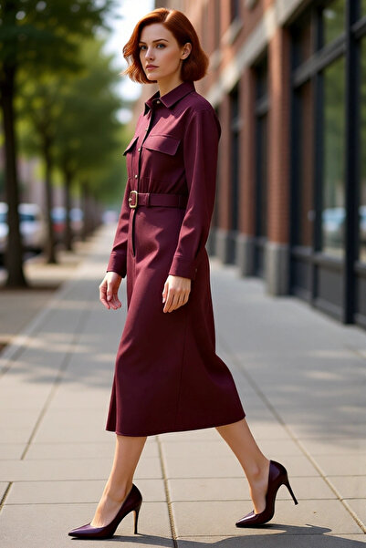 PayBuy Kadın A Line Kesim Midi Boy Kemerli Gömlek Yaka Düz Dokuma Elbise Şık Ve Modern Stil Sunar