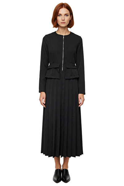 PayBuy Black Maxi Pleated Zipper Detailed Woven Dress for Women Offers Business and Office Elegance Quality