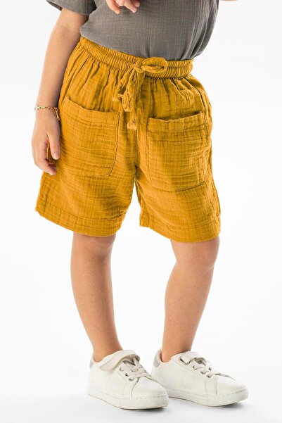 Eliş Şile Bezi Western Pocket Detailed Summer Muslin Girls' Shorts Mustard Hrd
