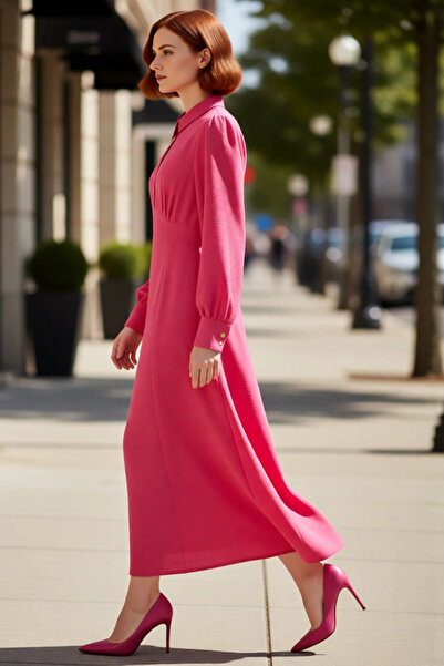 PayBuy فستان نسائي بياقة قميص وتصميم سكيتشرز بنمط سادة وطول ماكسي وأكمام طويل...