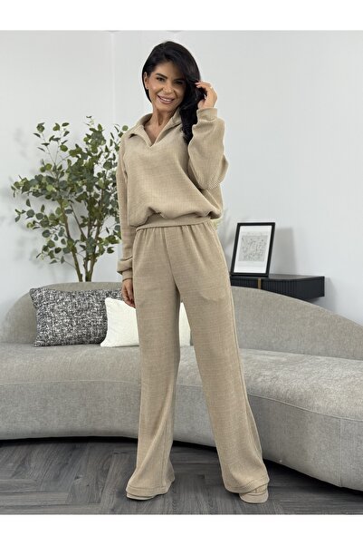 RAMONA BADESCU EXCLUSIVE Women's ribbed velvet suit - collared blouse and wide trousers