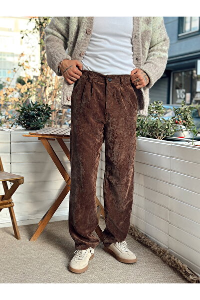 manch collection Pileli Baggy Kadife Pantolon Kahverengi