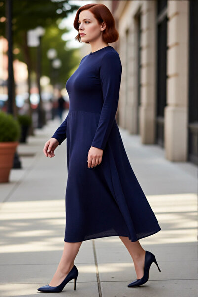 PayBuy Women's Navy Blue a Line Midi Straight Long Sleeve Crew Neck Stylish C...