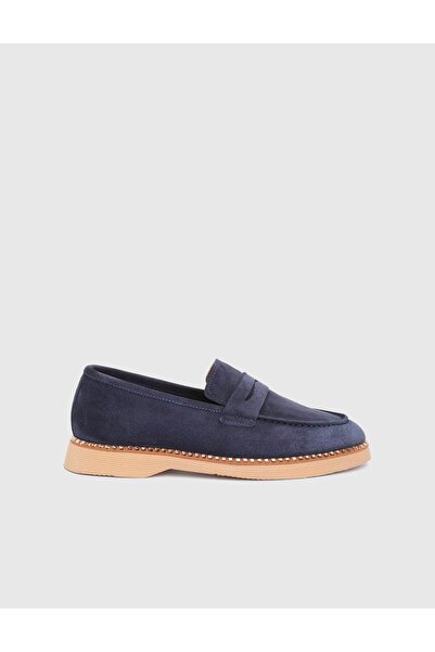 İLVİ Buckle Hakiki Süet Deri Lacivert Kadın Loafer Ayakkabı