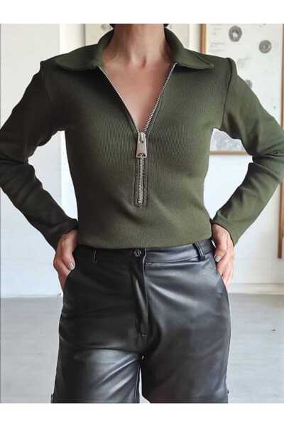 Bebeplus Polo Collar Shoulder Pad Pack Corded Fabric Zipper Detail Ribbed Knit Blouse