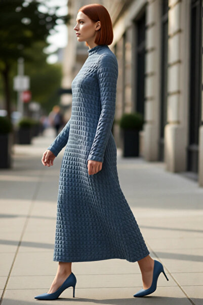 PayBuy Women's a Line Maxi Long Sleeve Mock Neck Seersucker Textured Knitted Lined Stylish and Comfortable Casual Dress