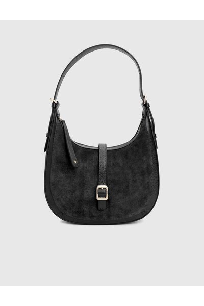 İLVİ Vlasyi Hakiki Süet Floter Deri Siyah Kadın Omuz Çantası