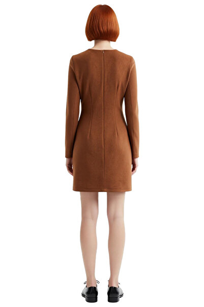 PayBuy Kadın Süet Dokulu Shift Kalıp Uzun Kollu Mini Elbise Aksesuar Detaylı Bisiklet Yaka Kış Şıklığı