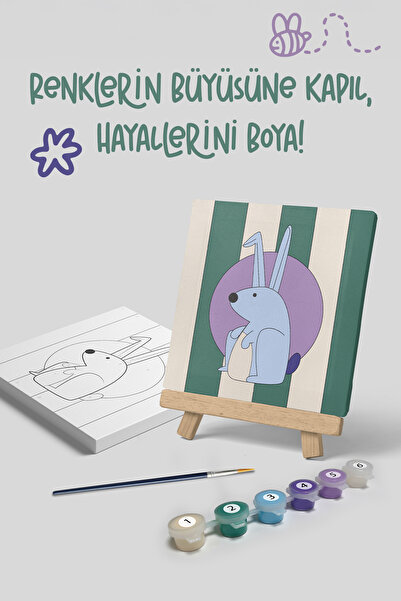 Mind & Play Tavşan Temalı Çocuk Şövale Tuval Boyama Seti | Ahşap Şövale+Tuval+6 Renk Akrilik Boya+Fırça