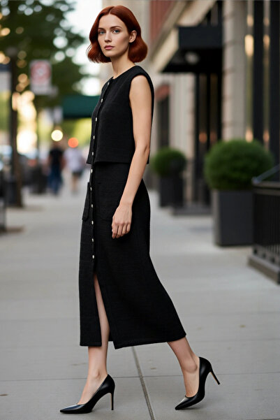 PayBuy Kadın Kolsuz %100 Pamuk Tüvit Dokuma Düğmeli Bisiklet Yaka Astarlı Mid...