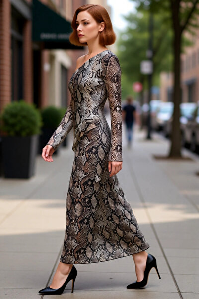 PayBuy Rochie maxi din tul cu mâneci lungi și decolteu asimetric, model anima...