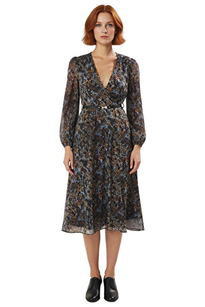 PayBuy Women's Double-Breasted Collar Chiffon Midi Dress Abstract Patterned Belted Long Balloon Sleeve Skater Pattern Model