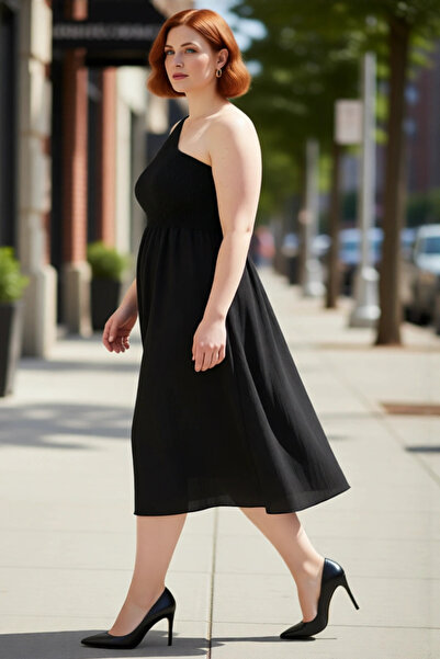 PayBuy Women's Maternity Plus Size Asymmetrical Neckline One Sleeve Crinkle Woven Midi Length Summer Dress Good Quality