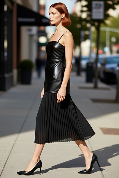 PayBuy Rochie maxi neagră din piele artificială Shift Mold pentru femei, cu p...