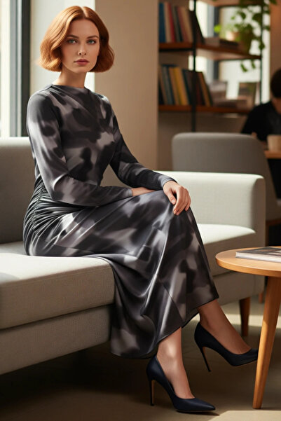 PayBuy Women's Tie-Dye Patterned Mock Neck Skater Midi Dress Stylish and Modern Long Sleeve Knitted Fabric Design