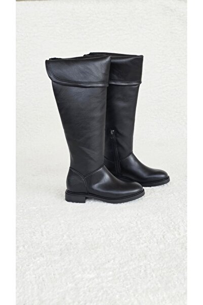 Melinta Shoes Melinta Kadın Siyah Fermuarlı Katlamalı Diz Üstü Çizme