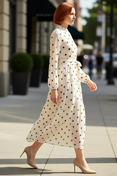 PayBuy فستان ماكسي شيفون بحزام منقوش منقط للنساء ياقة مرتفعة متوسطة الطول بأك...