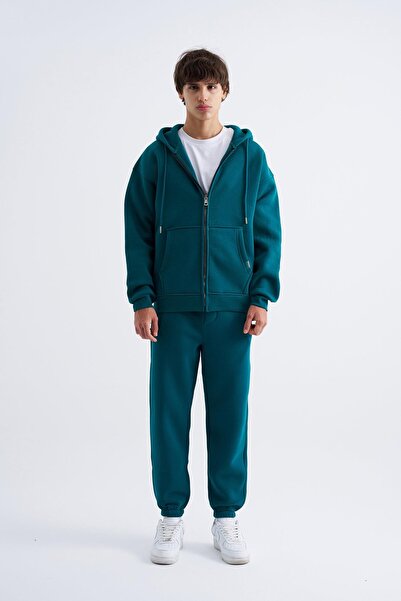 Machinist Oversize Fermuarlı Cepli Kapüşonlu Basic Sweatshirt OIL GREEN