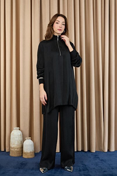 Puane Women's Zipper Detailed Suit - 14403Tkm - Black