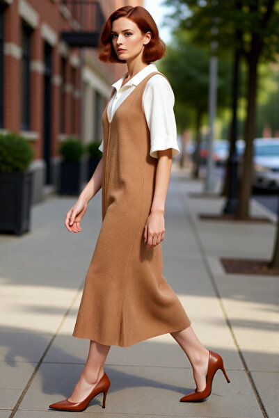 PayBuy فستان نسائي رمادي من الجيليه التريكو بطول متوسط وياقة على شكل حرف V بد...