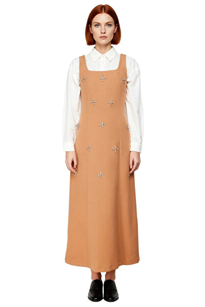 PayBuy Kadın Kare Yaka Taş İşlemeli Dokuma Jile Elbise Modern Şıklığı Her Ortama Taşıyan Stil Kaliteli