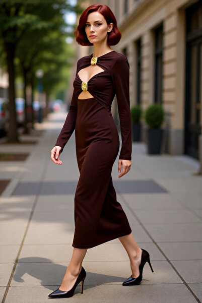 PayBuy Rochie midi bodycon maro pentru femei, cu detaliu de accesoriu, cu mân...