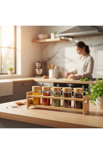 ANJEAHOME Cape 5-Piece 220 ml Glass Spice Jar Set with Bamboo Lid | Countertop Organizer with Bamboo Stand