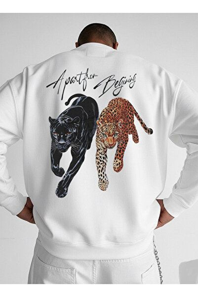 LORVEX Swea alb unisex oversize cu guler rotund tricou TWO JAGUAR imprimat