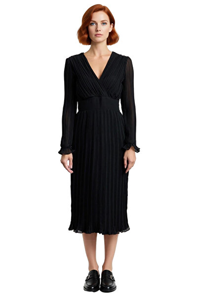 PayBuy Women's Black Midi Length Double-Breasted Collar Pleated A-Line Belted Lined Polyester Long Sleeve Dress