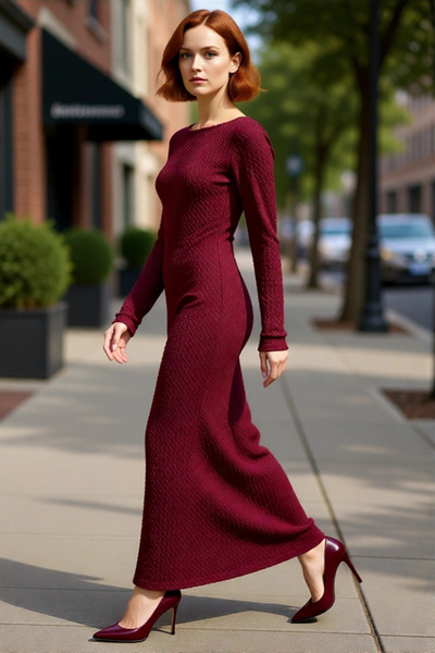 PayBuy Women's Bodycon Maxi Dress Long Sleeve Boat Neck Low Back Seersucker Textured Winter Chic